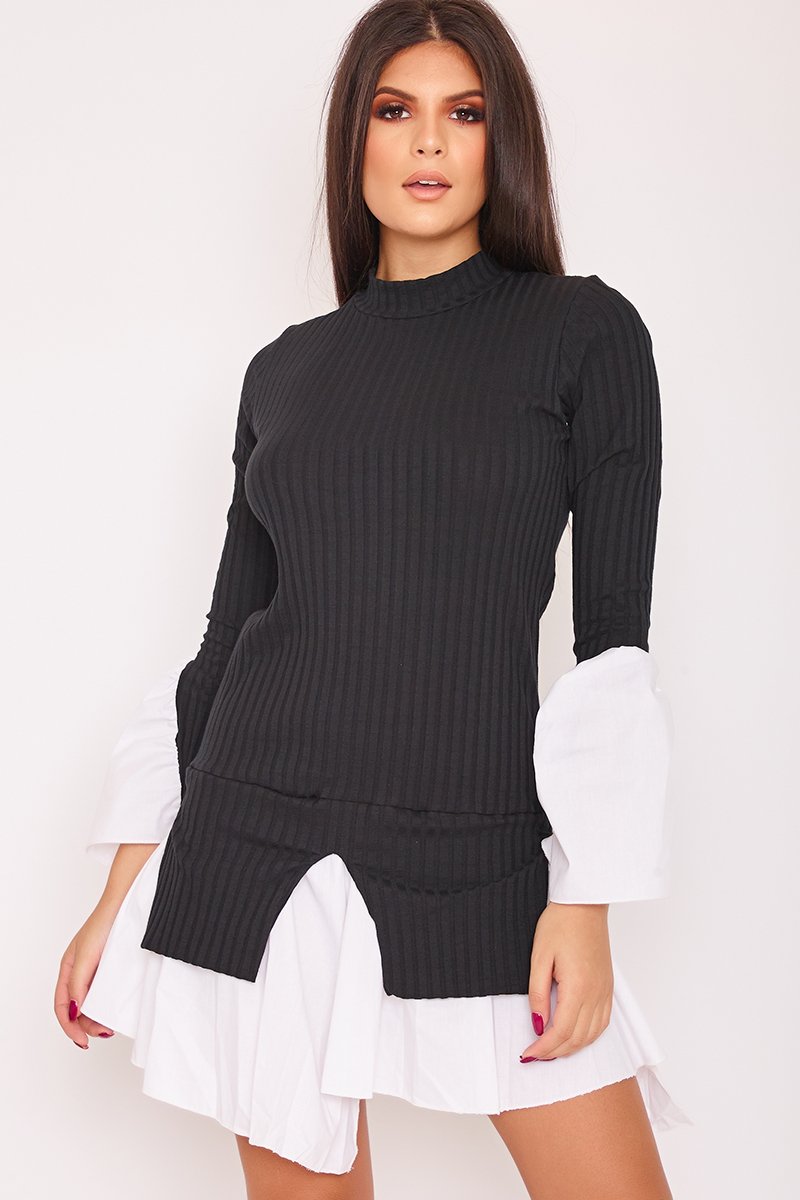 Marina Black High Neck Bell Sleeve Ribbed Shirt Dress