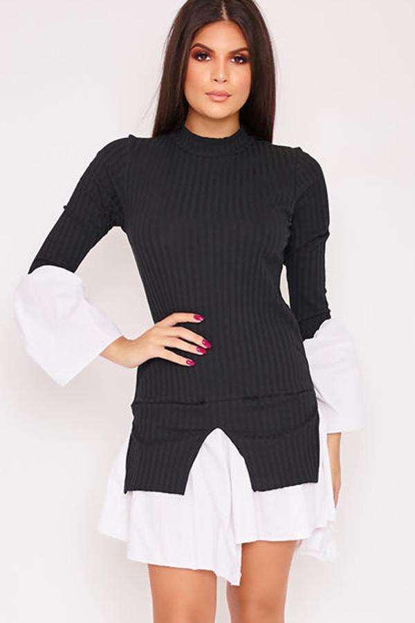 Marina Black High Neck Bell Sleeve Ribbed Shirt Dress