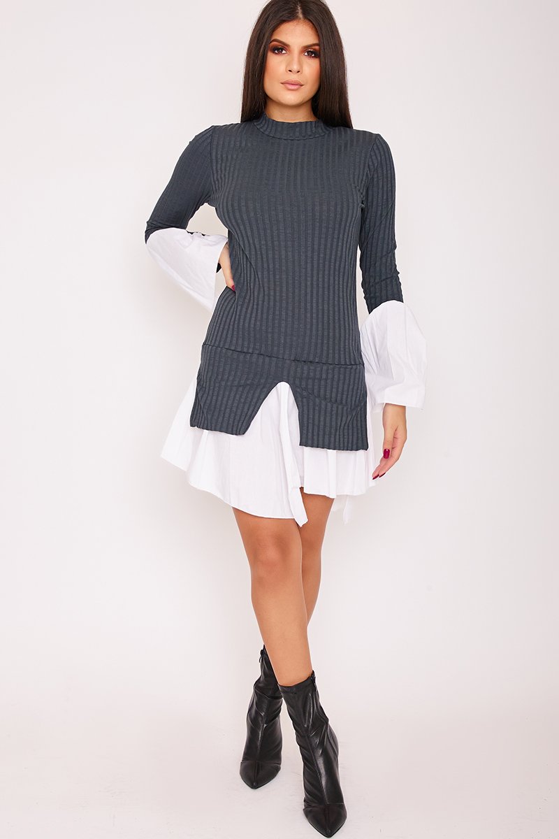 Marina Grey High Neck Bell Sleeve Ribbed Shirt Dress