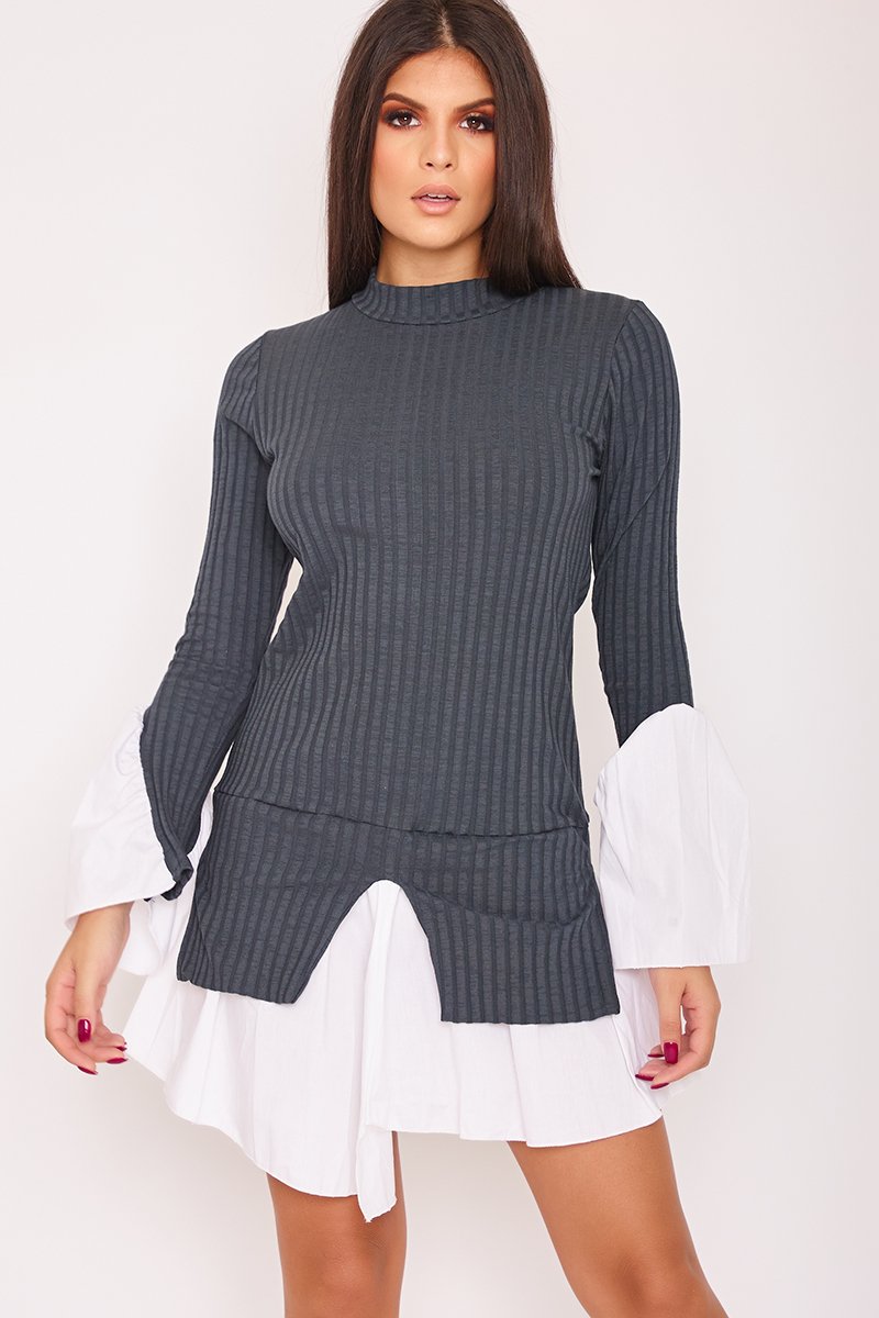 Marina Grey High Neck Bell Sleeve Ribbed Shirt Dress