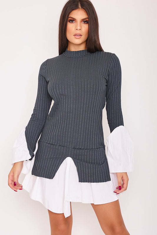 Marina Grey High Neck Bell Sleeve Ribbed Shirt Dress