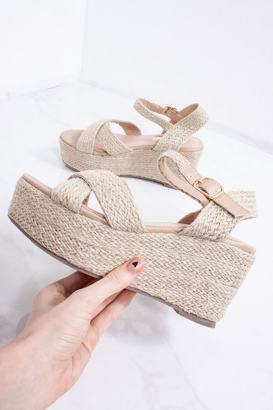 Marlie Beige Cross Strap Espadrille Wedge Flatform Sandals