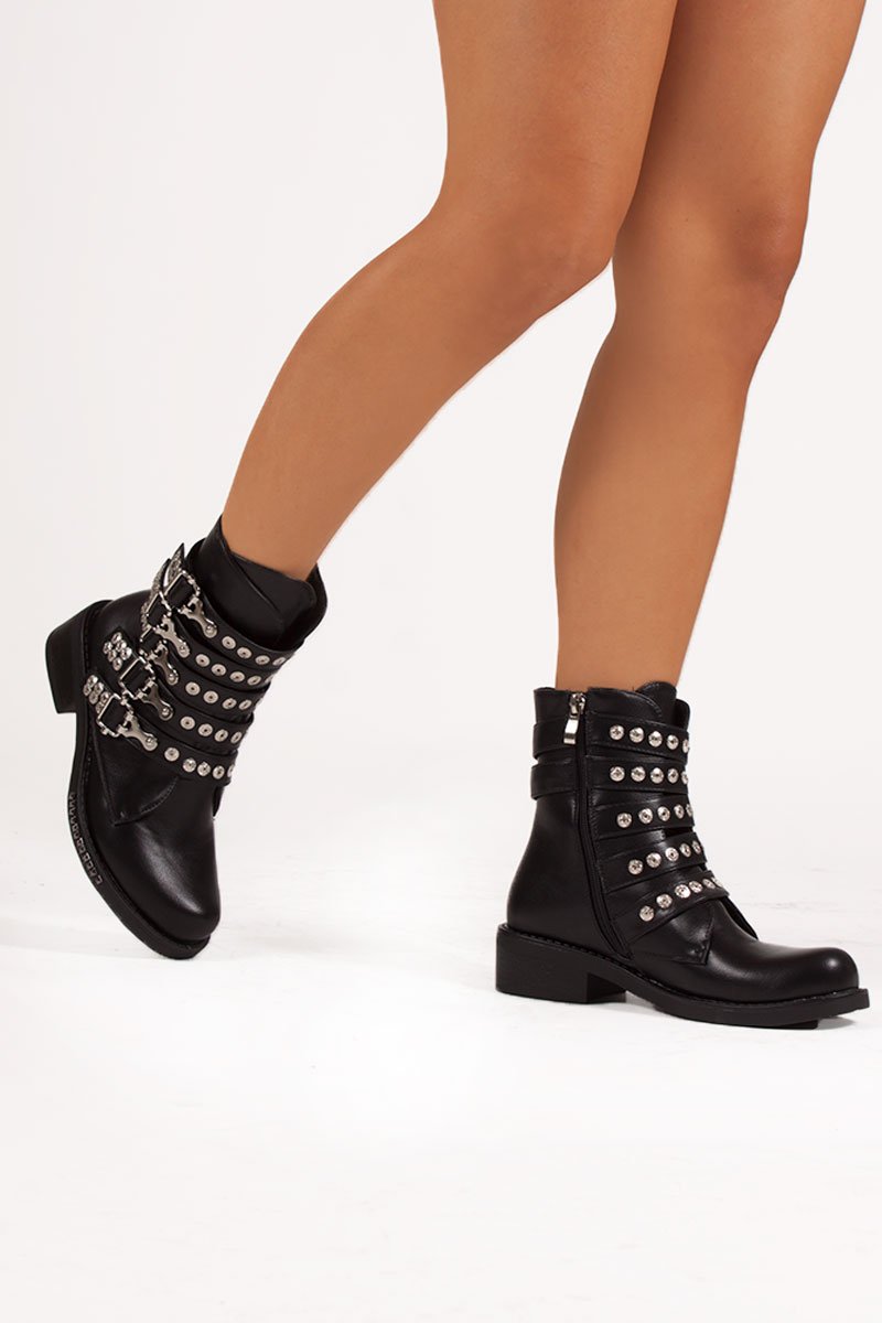 Matilda Black Buckle Boots With Stud Detail