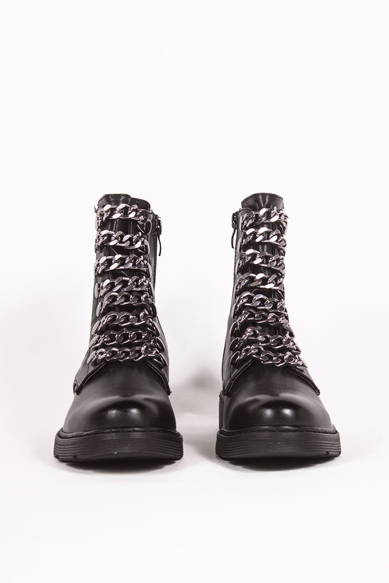 Maya Black Chunky Biker Boots With Chain Detail