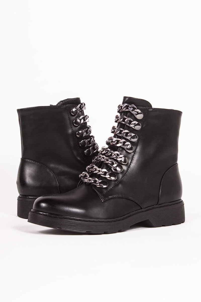 Maya Black Chunky Biker Boots With Chain Detail