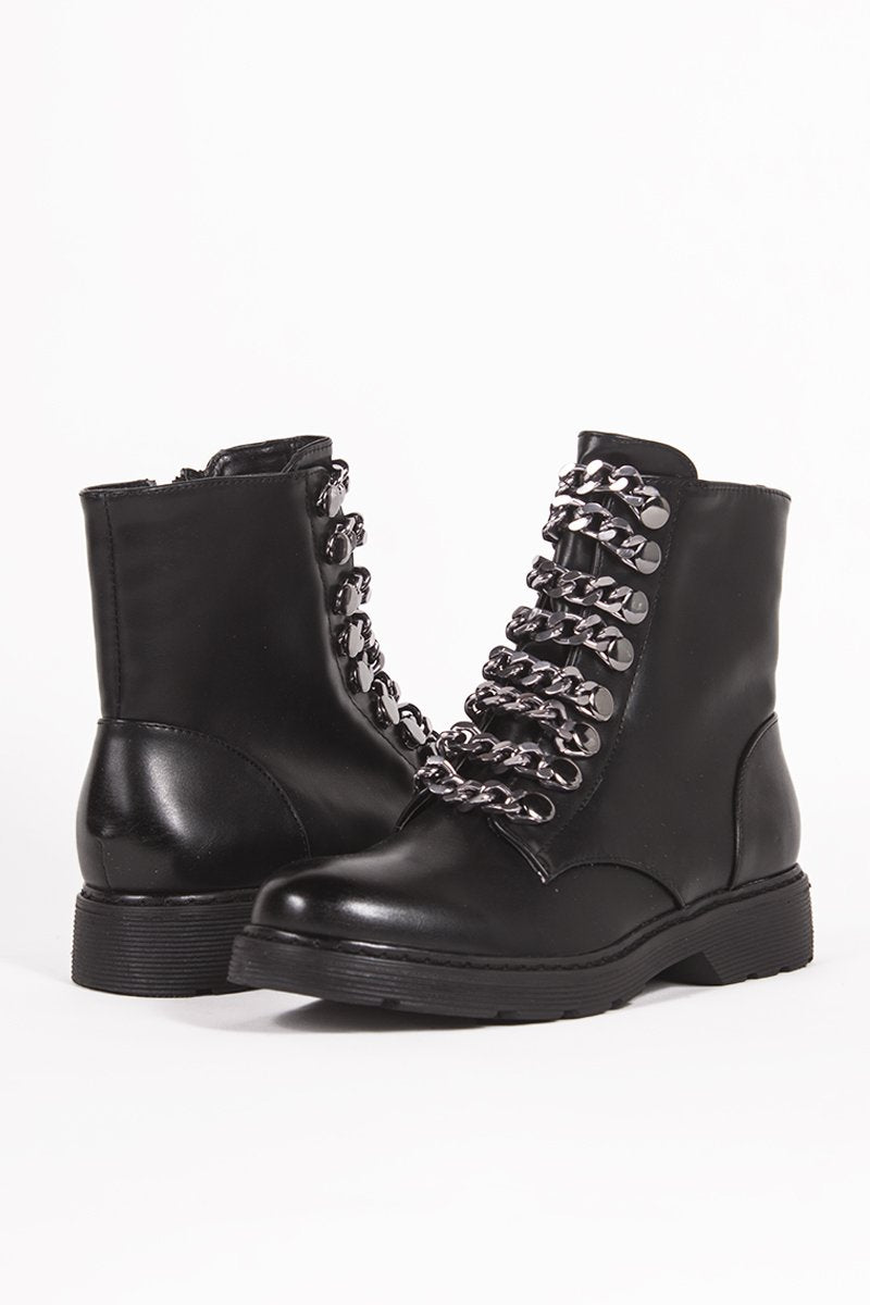 Maya Black Chunky Biker Boots With Chain Detail