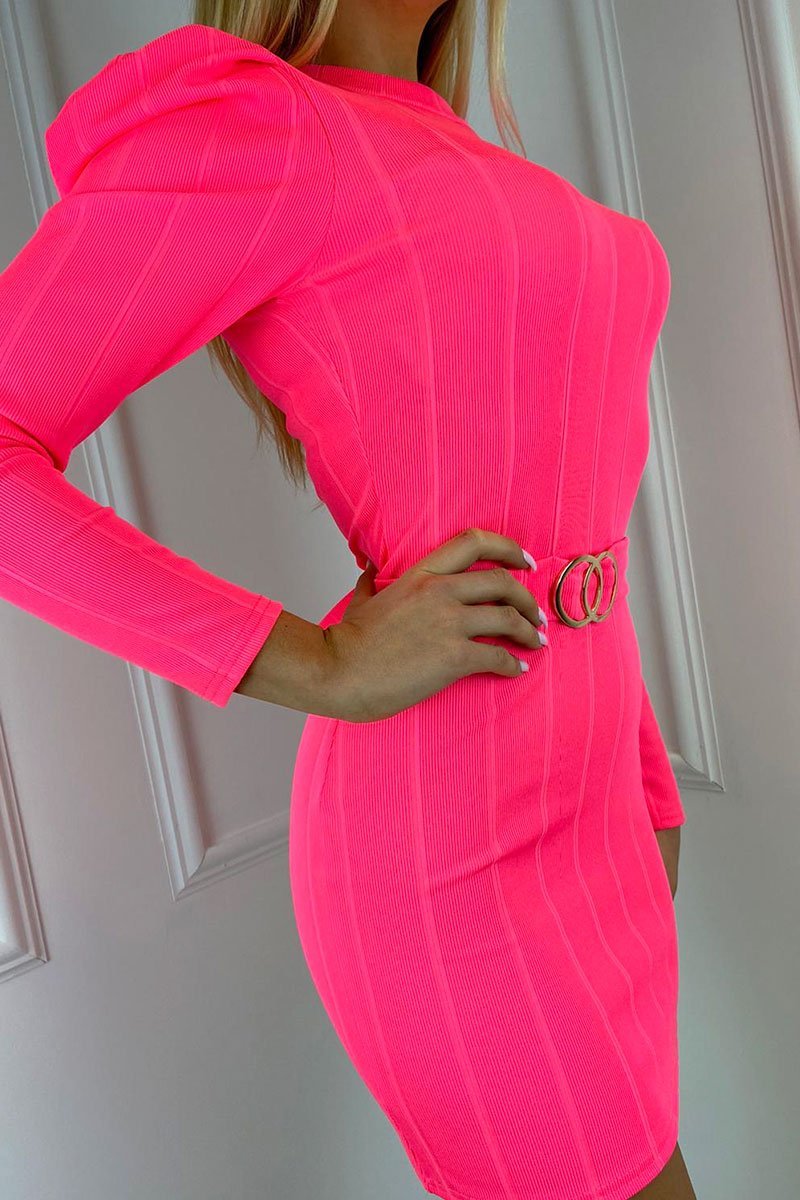 Megan Neon Pink Ribbed Ring Detail Tie Back Bodycon Dress