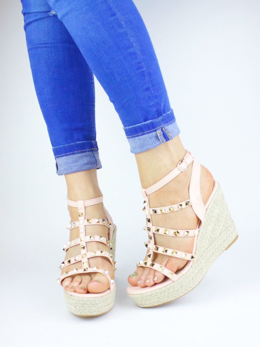 Megan Pink Espadrille Cage Wedge