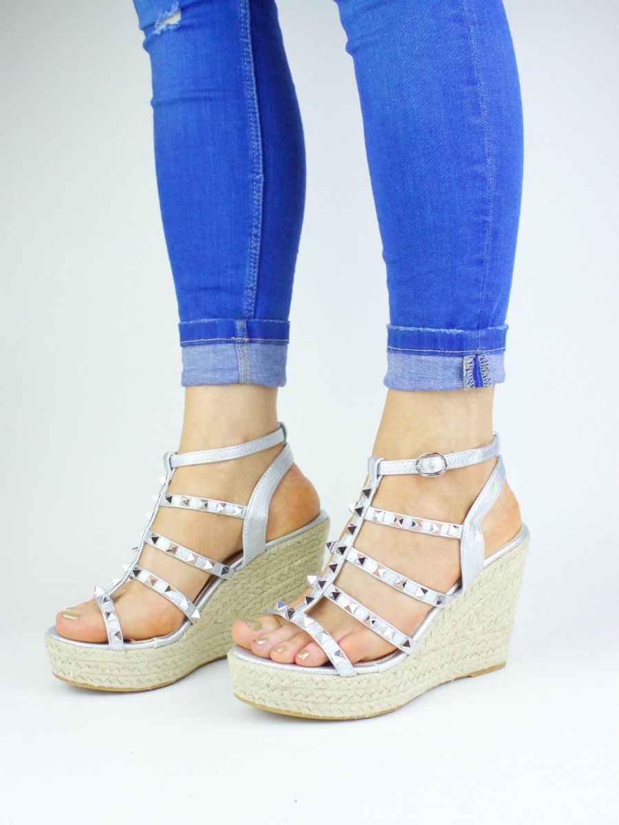 Megan Silver Espadrille Cage Wedge