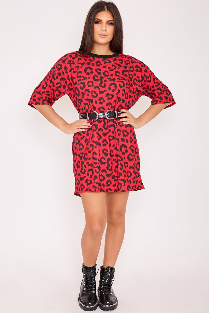 Meghan Red Leopard Print Oversized T Shirt Dress