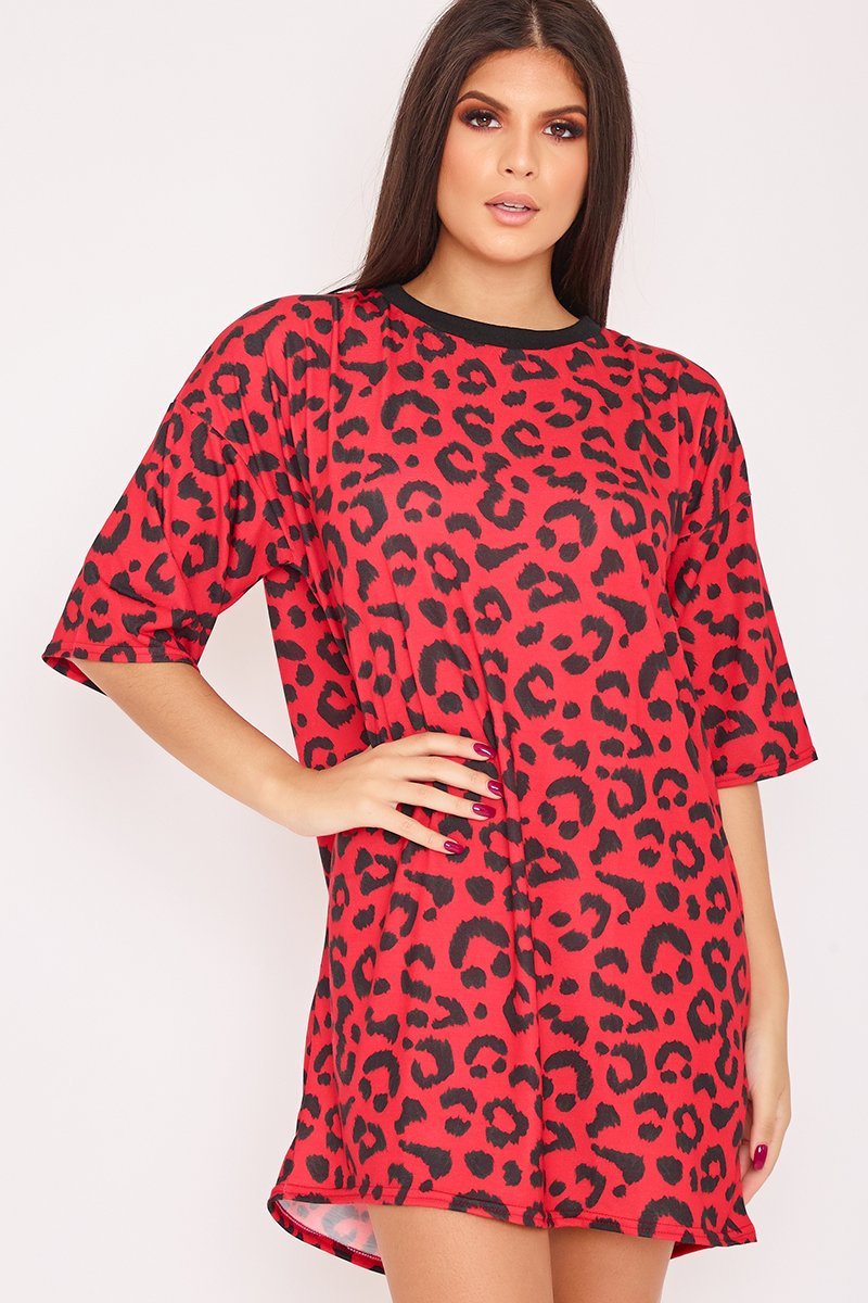 Meghan Red Leopard Print Oversized T Shirt Dress