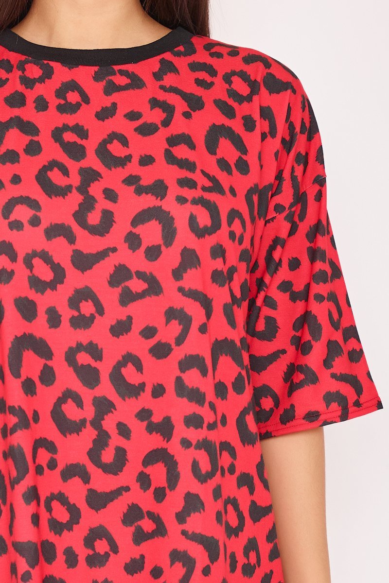 Meghan Red Leopard Print Oversized T Shirt Dress