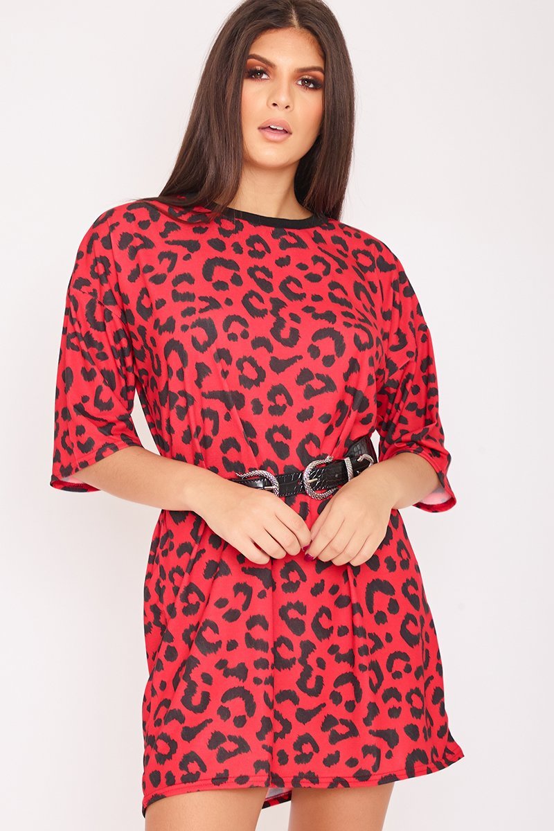 Meghan Red Leopard Print Oversized T Shirt Dress