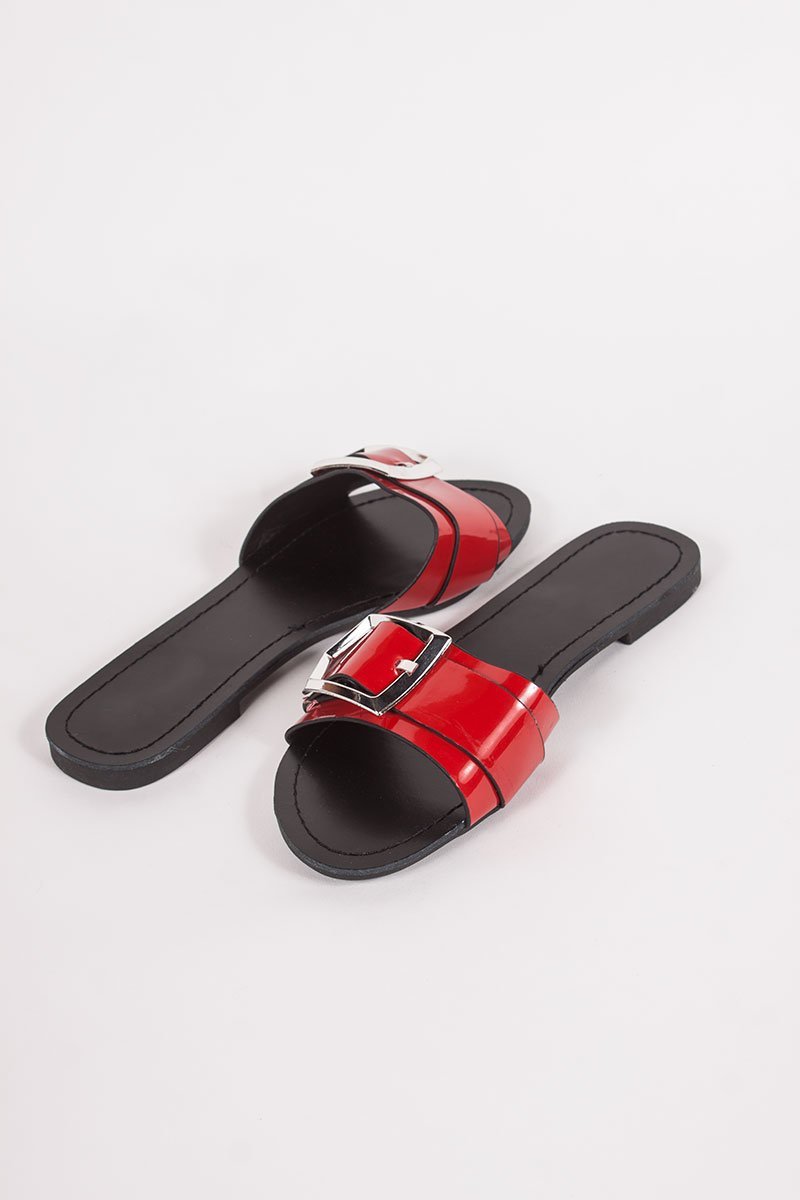 Mia Red Buckle Strap Sliders