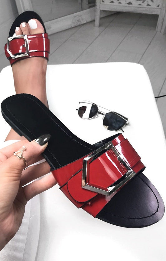 Mia Red Buckle Strap Sliders