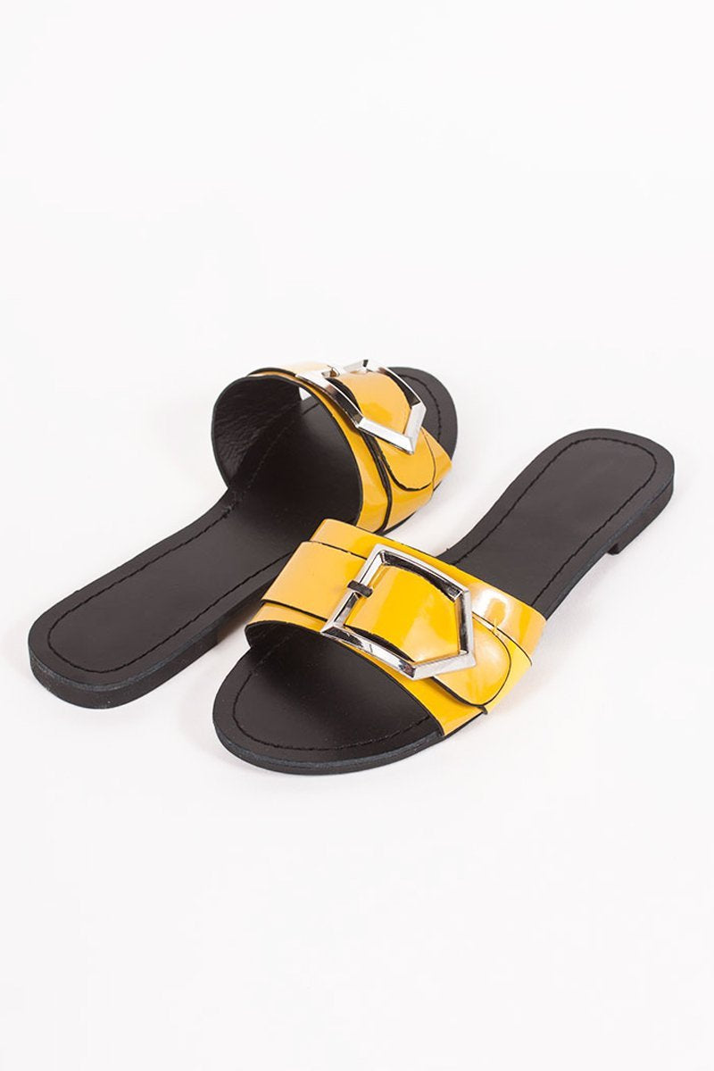 Mia Yellow Buckle Strap Sliders