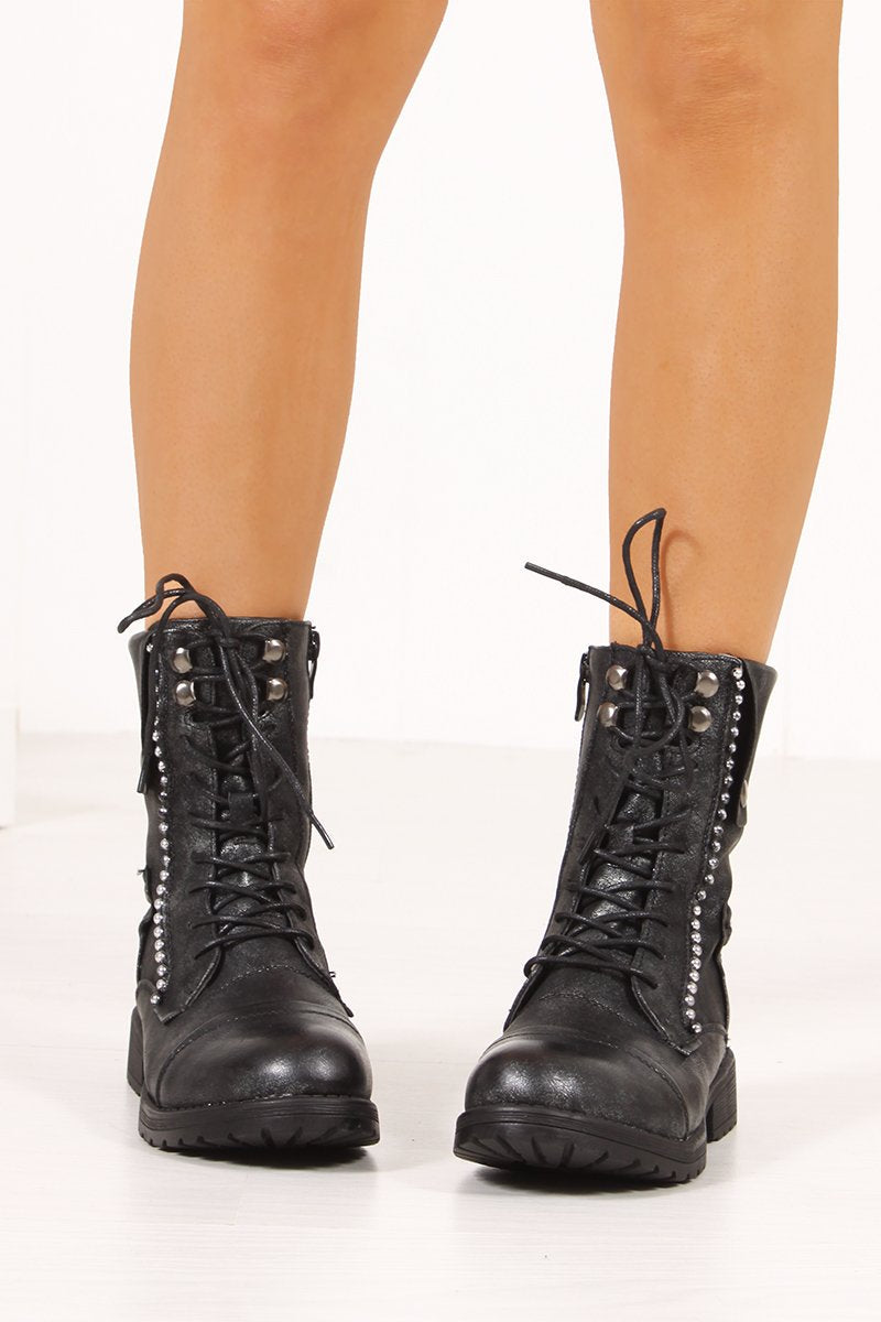 Mila Black Metallic Silver Stud Lace Up Boots