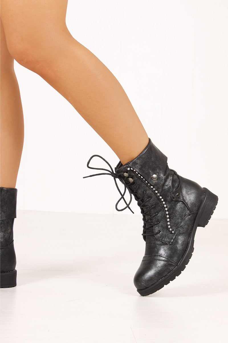 Mila Black Metallic Silver Stud Lace Up Boots