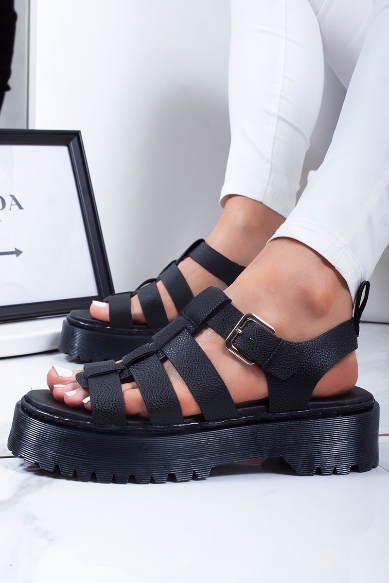 Milana Black Faux Leather Multi Strap Chunky Flatform Sole Sandals