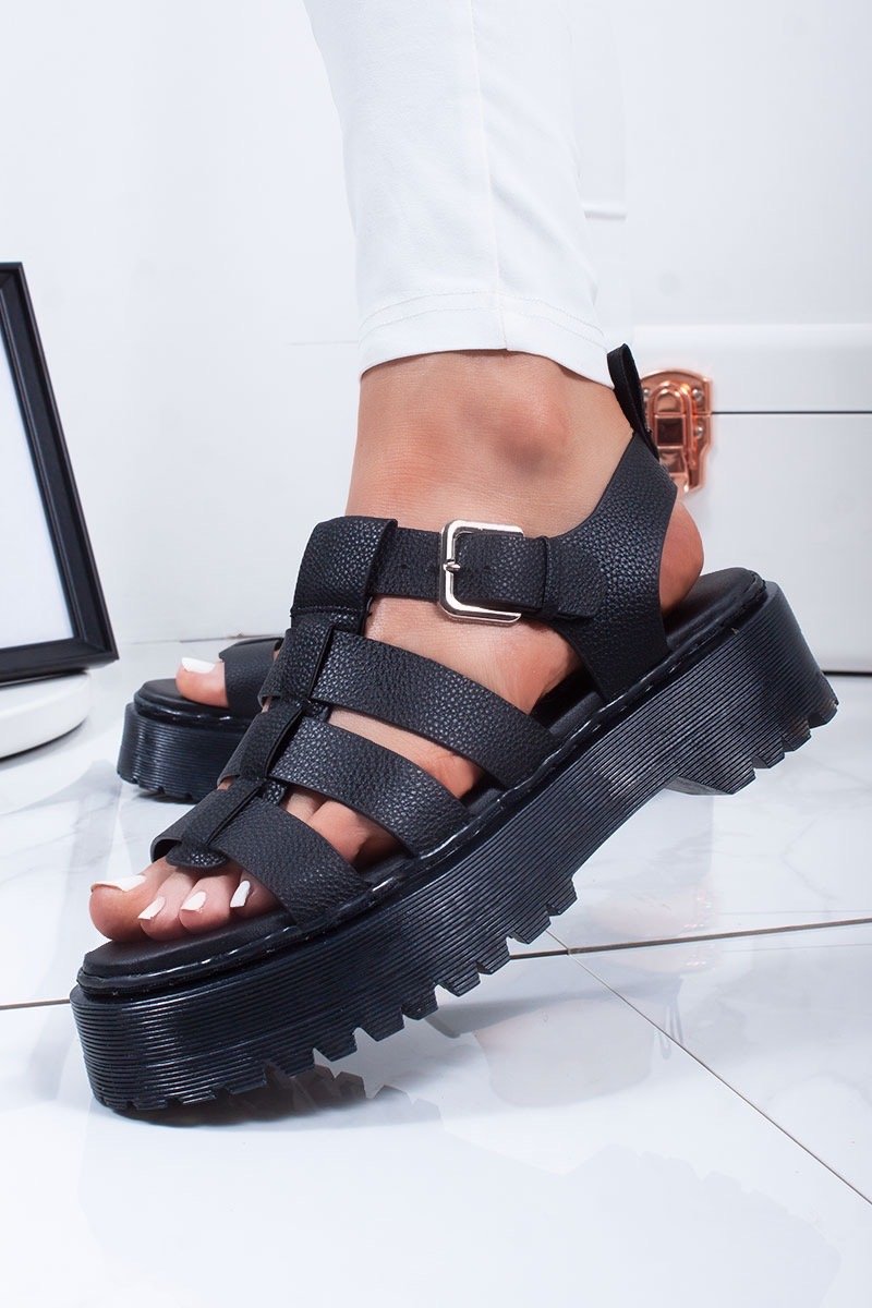 Milana Black Faux Leather Multi Strap Chunky Flatform Sole Sandals