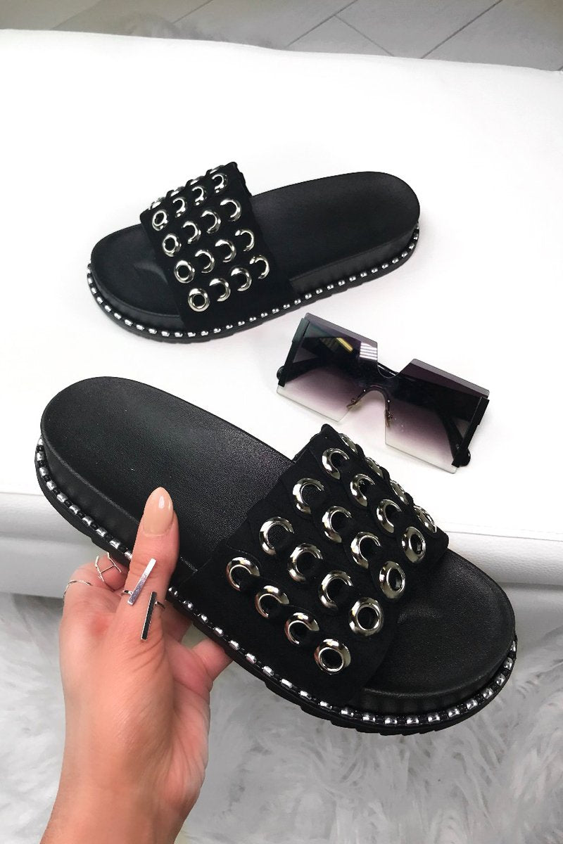 Millie Black Eyelet Sliders With Silver Detail