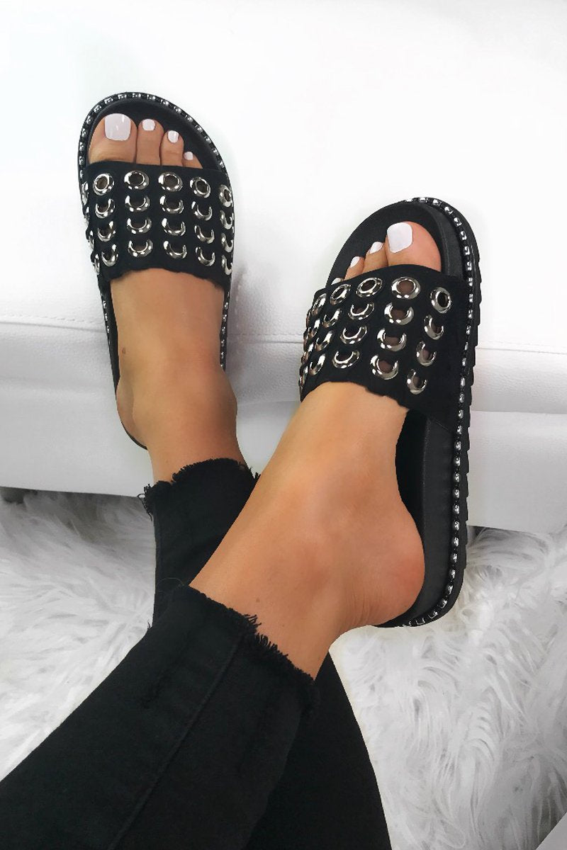 Millie Black Eyelet Sliders With Silver Detail