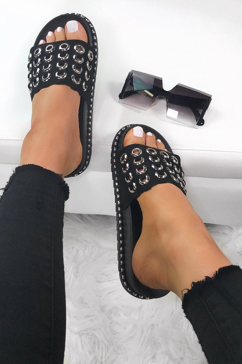 Millie Black Eyelet Sliders With Silver Detail