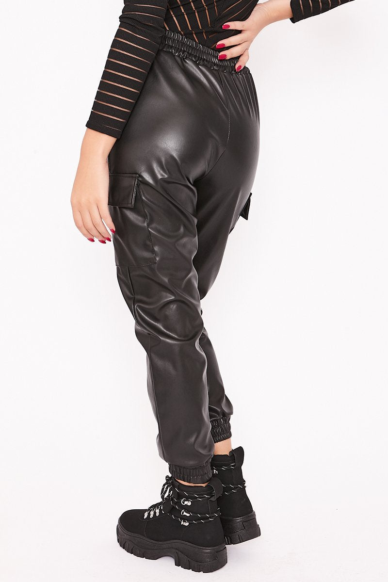 Millie Black Faux Leather Cargo Joggers