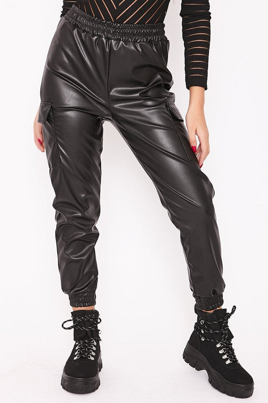 Millie Black Faux Leather Cargo Joggers