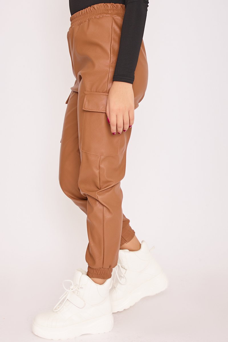 Millie Camel Faux Leather Cargo Joggers