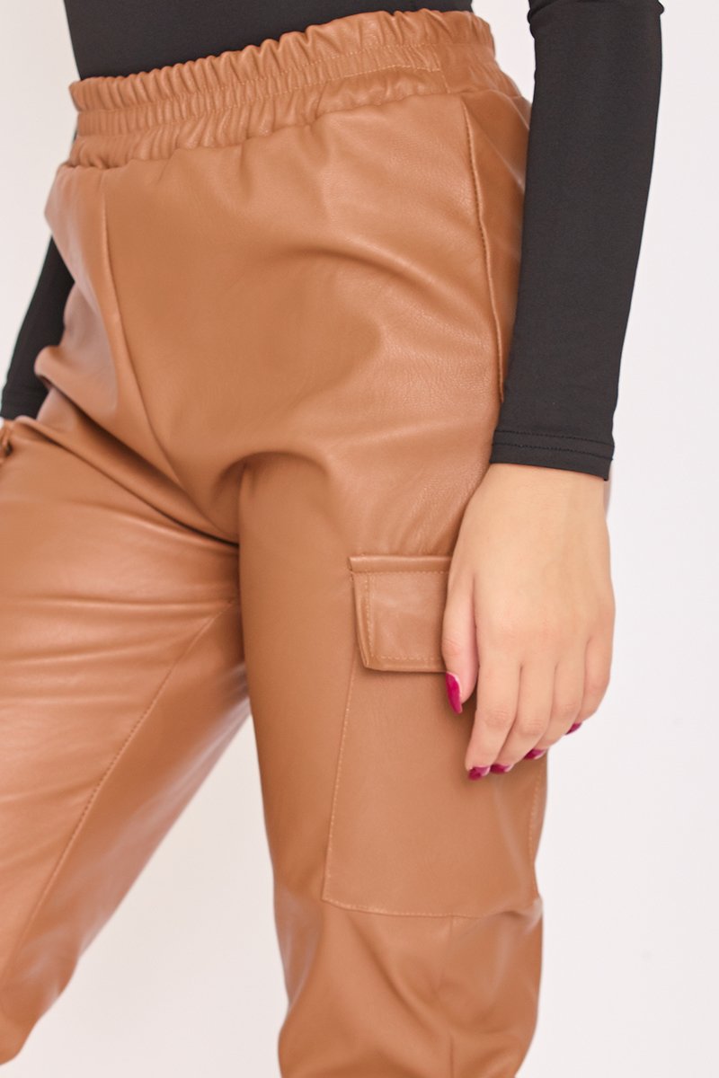 Millie Camel Faux Leather Cargo Joggers