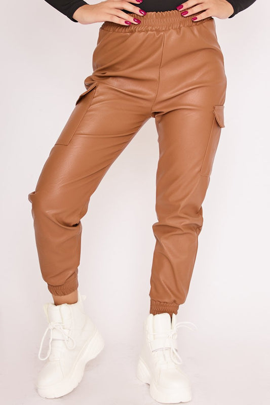 Millie Camel Faux Leather Cargo Joggers