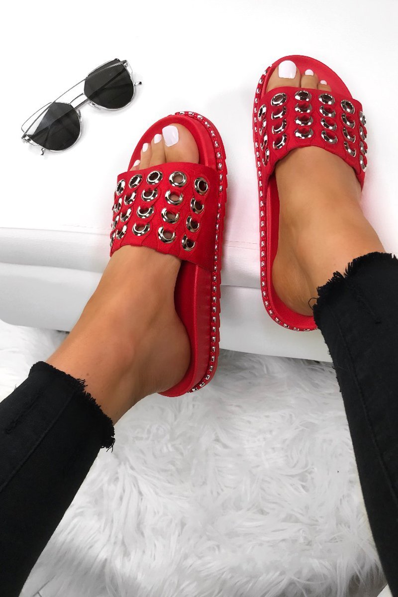 Millie Red Eyelet Sliders With Silver Detail