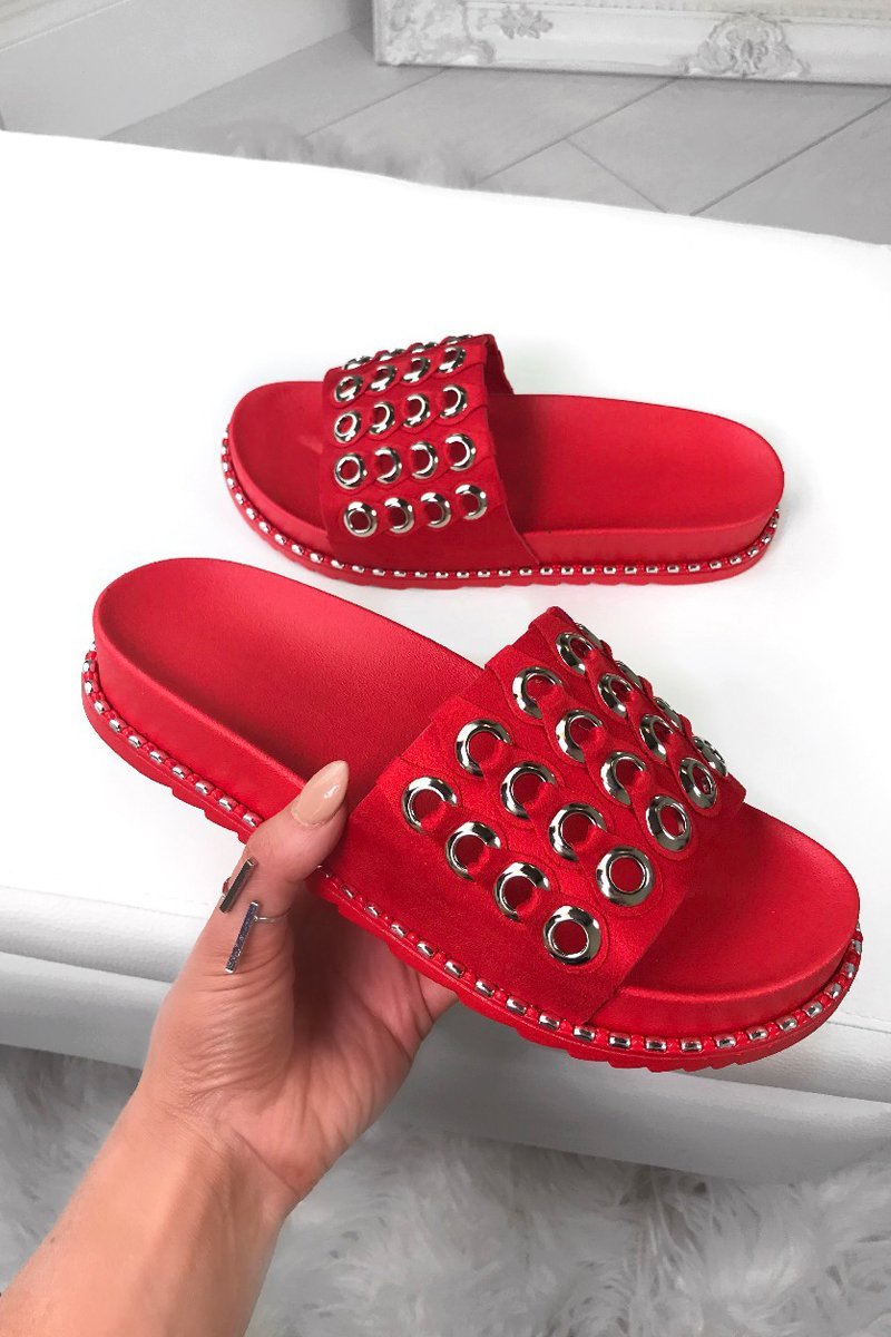 Millie Red Eyelet Sliders With Silver Detail