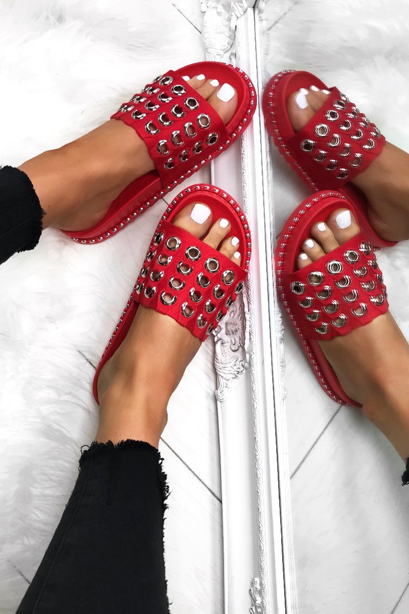 Millie Red Eyelet Sliders With Silver Detail