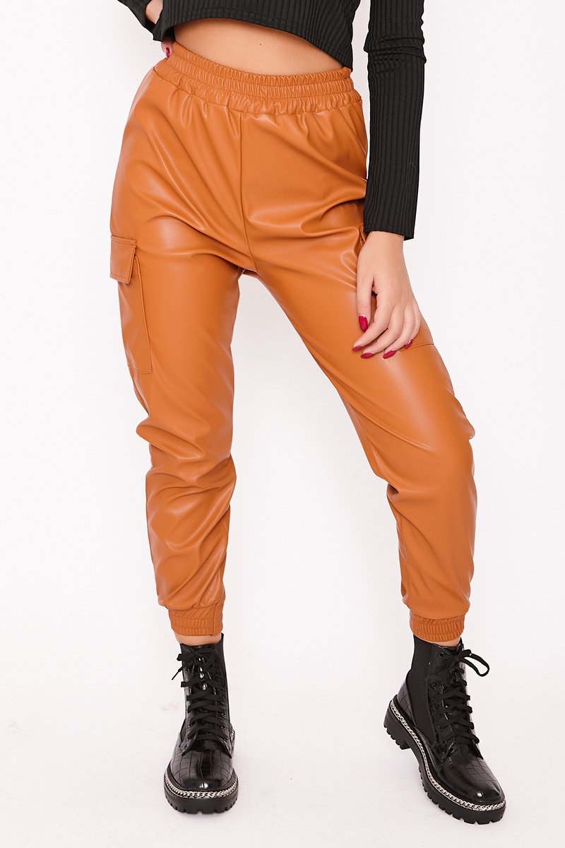 Millie Tan Faux Leather Cargo Joggers