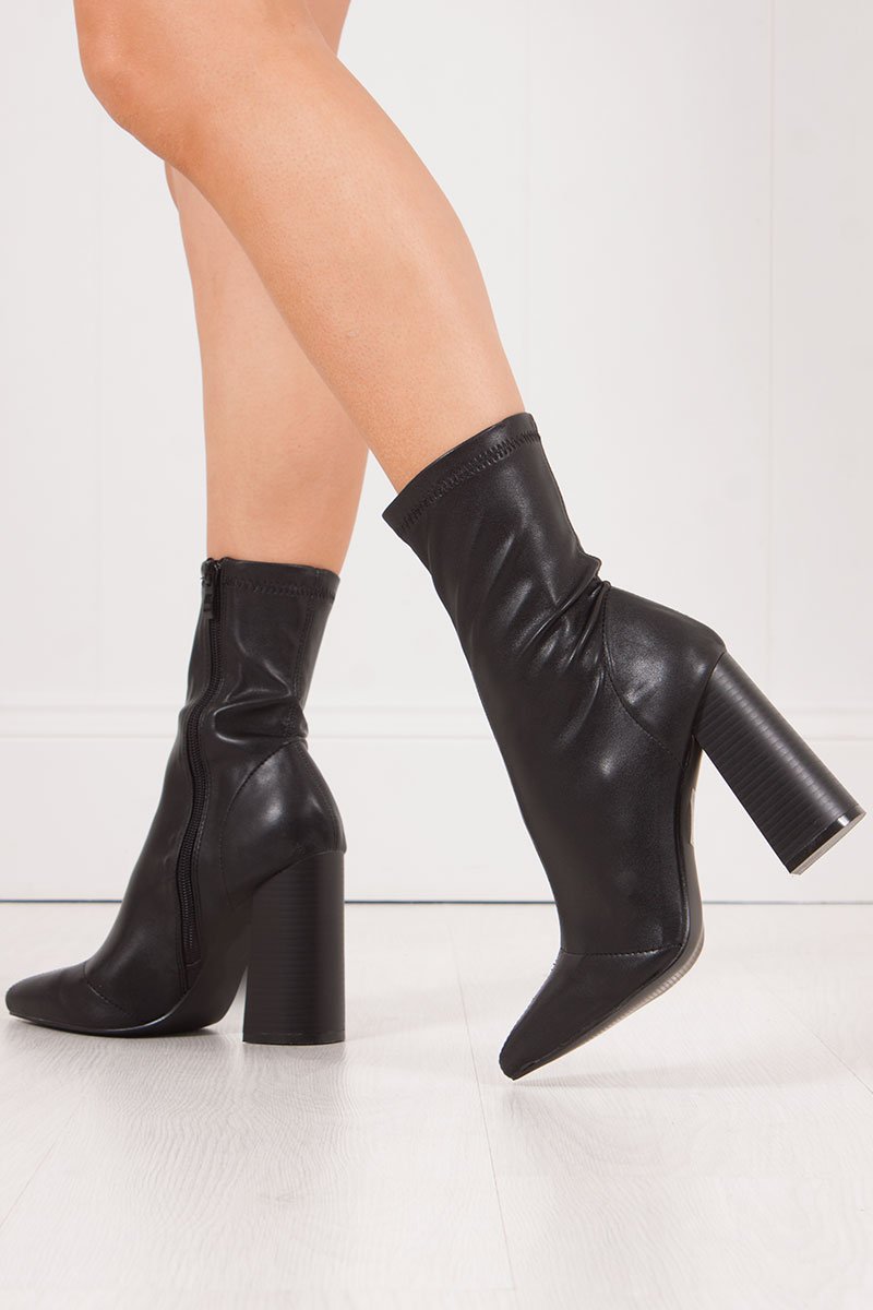 Mimi Black Fitted Block Heel Sock Boots In Faux Leather