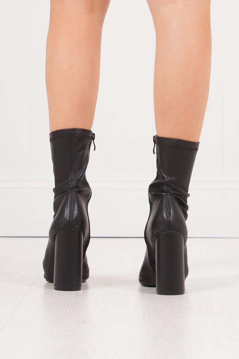 Mimi Black Fitted Block Heel Sock Boots In Faux Leather