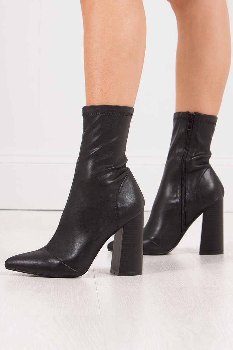 Mimi Black Fitted Block Heel Sock Boots In Faux Leather