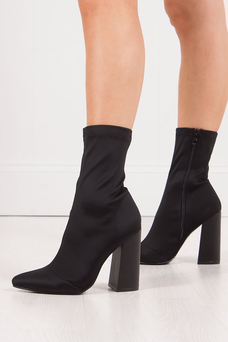 Mimi Black Fitted Block Heel Sock Boots In Lycra