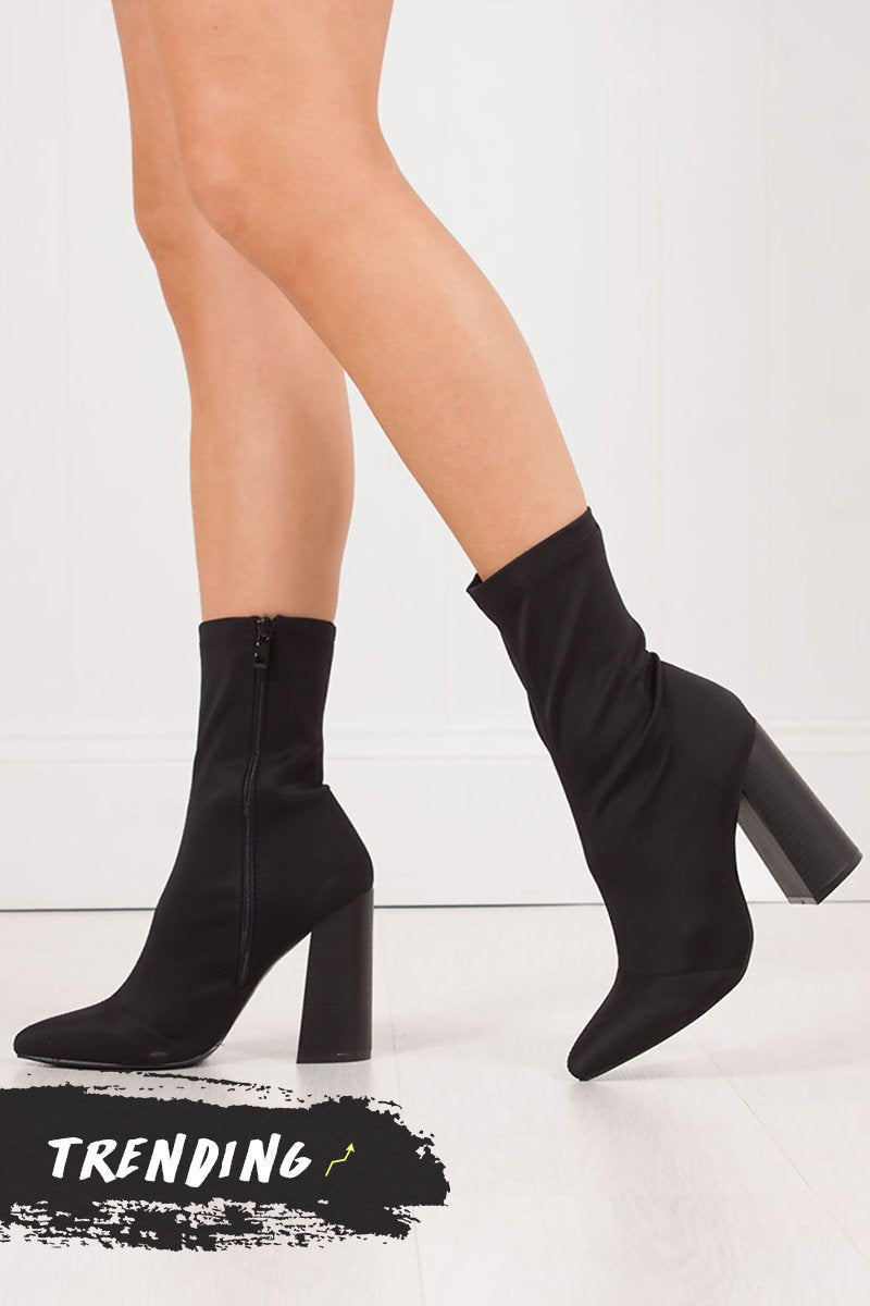 Mimi Black Fitted Block Heel Sock Boots In Lycra