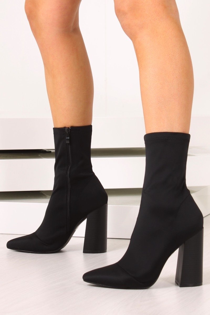 Mimi Black Fitted Block Heel Sock Boots In Lycra