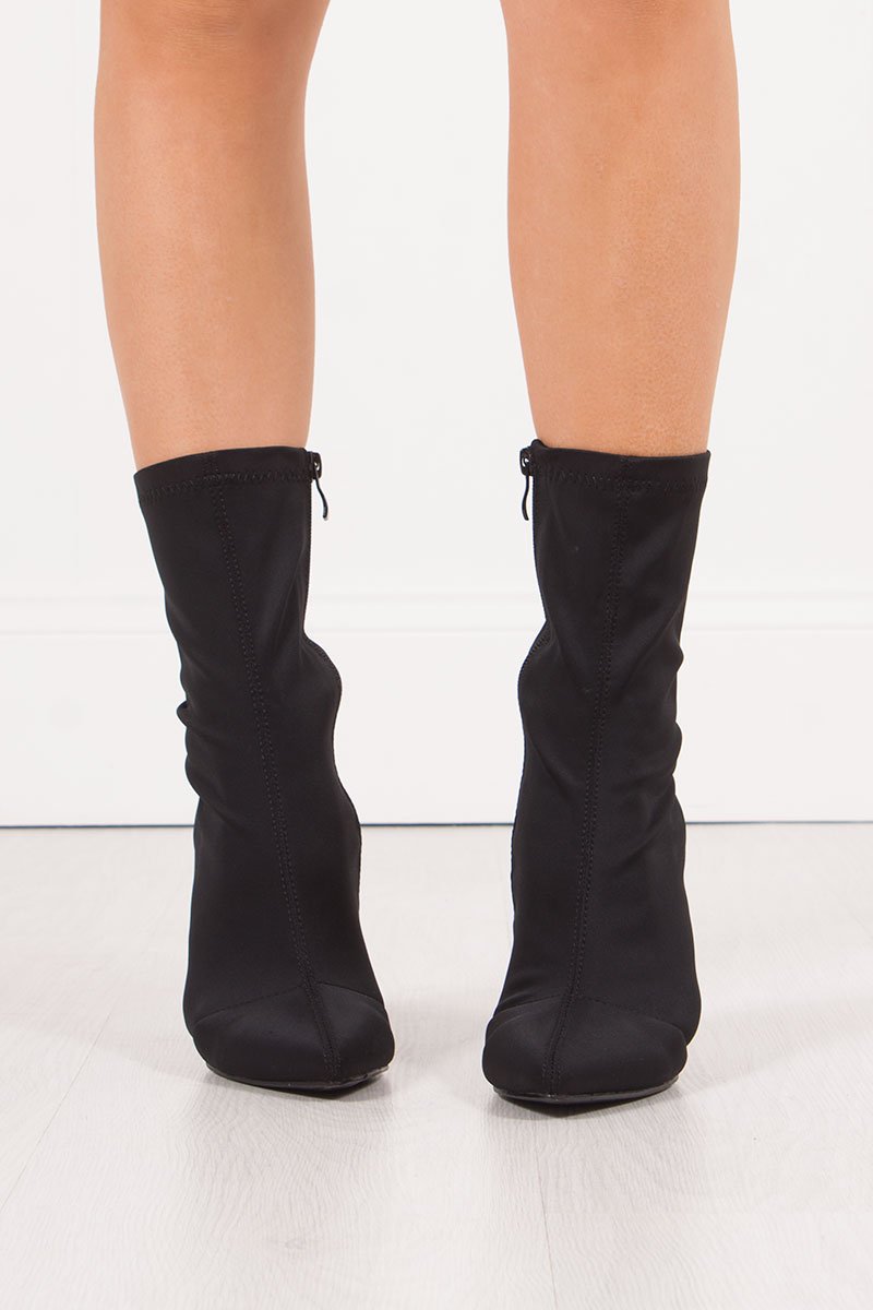 Mimi Black Fitted Block Heel Sock Boots In Lycra