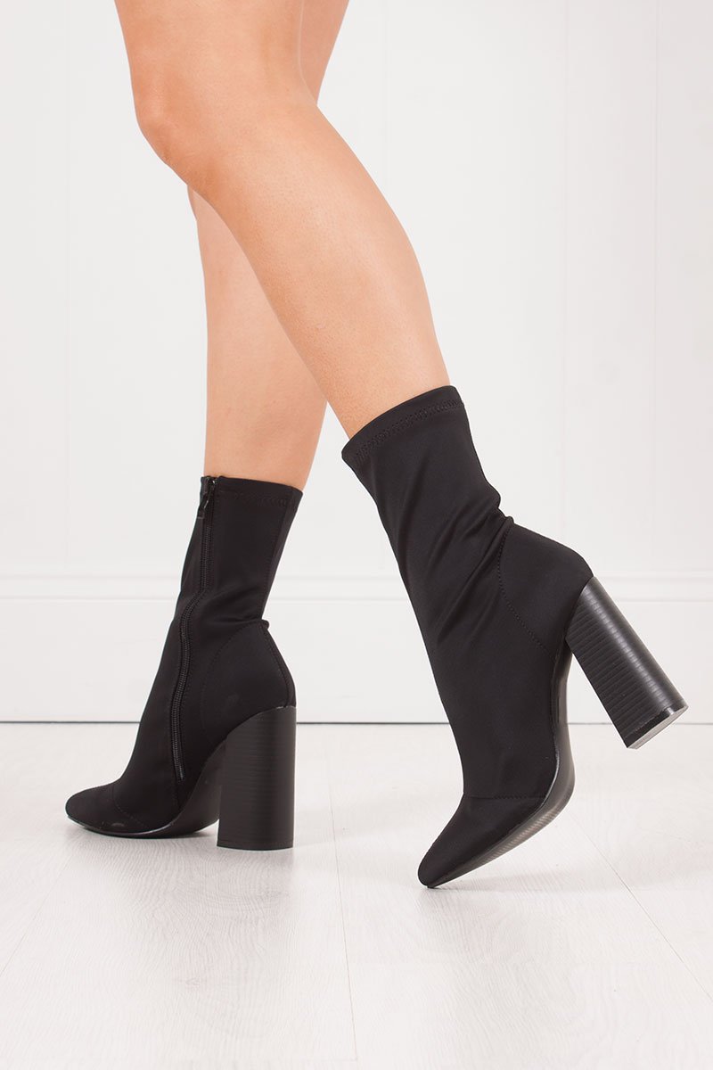 Mimi Black Fitted Block Heel Sock Boots In Lycra