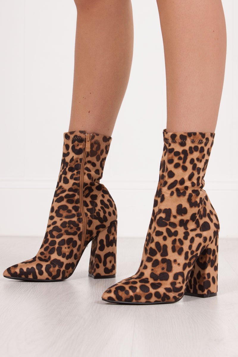 Mimi Leopard Print Fitted Block Heel Sock Boots In Faux Suede