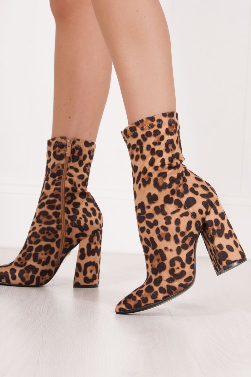 Mimi Leopard Print Fitted Block Heel Sock Boots In Faux Suede