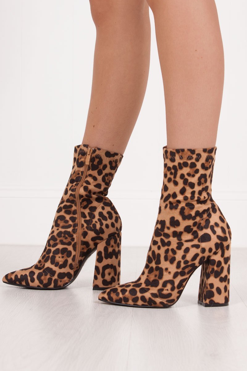 Mimi Leopard Print Fitted Block Heel Sock Boots In Faux Suede