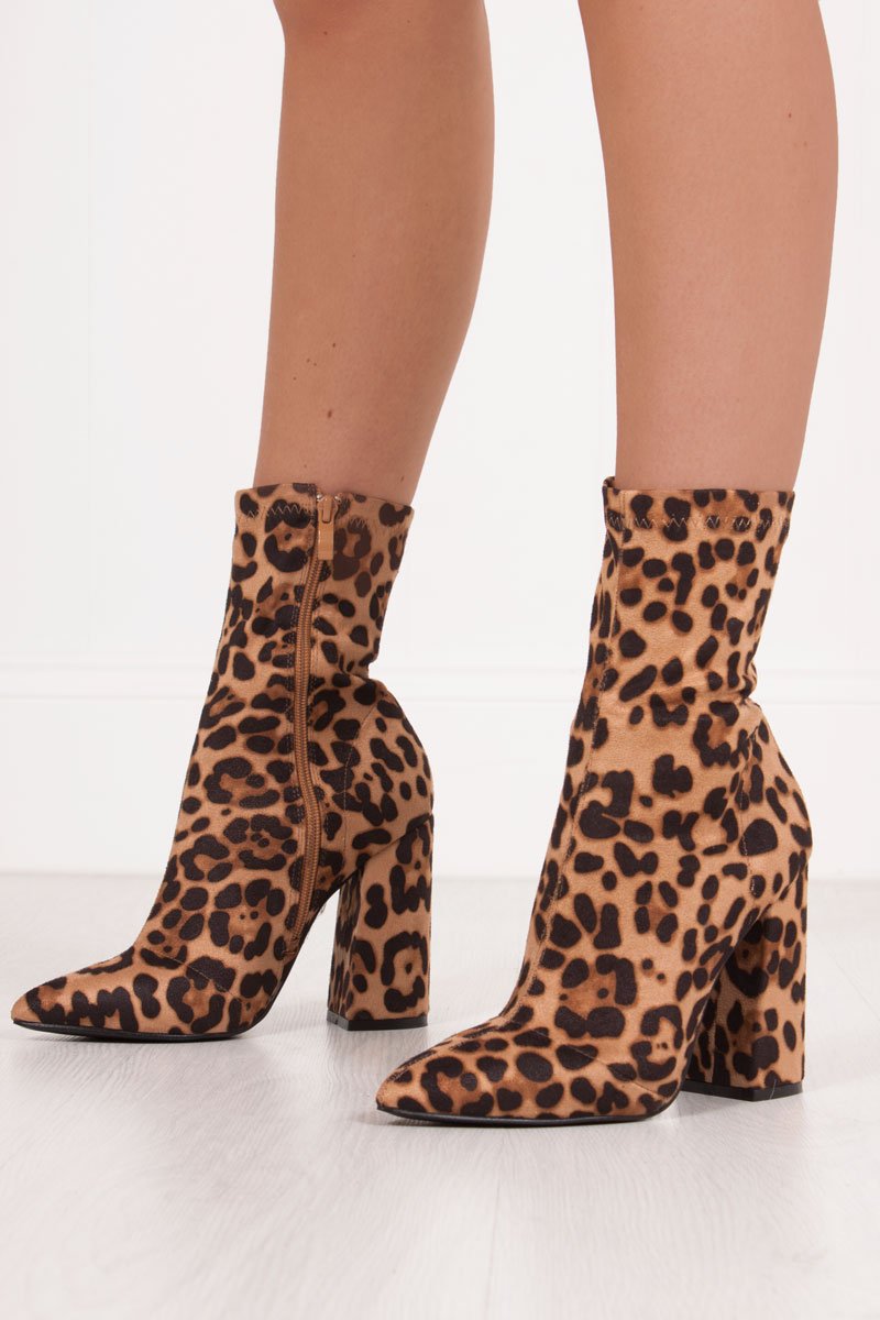 Mimi Leopard Print Fitted Block Heel Sock Boots In Faux Suede