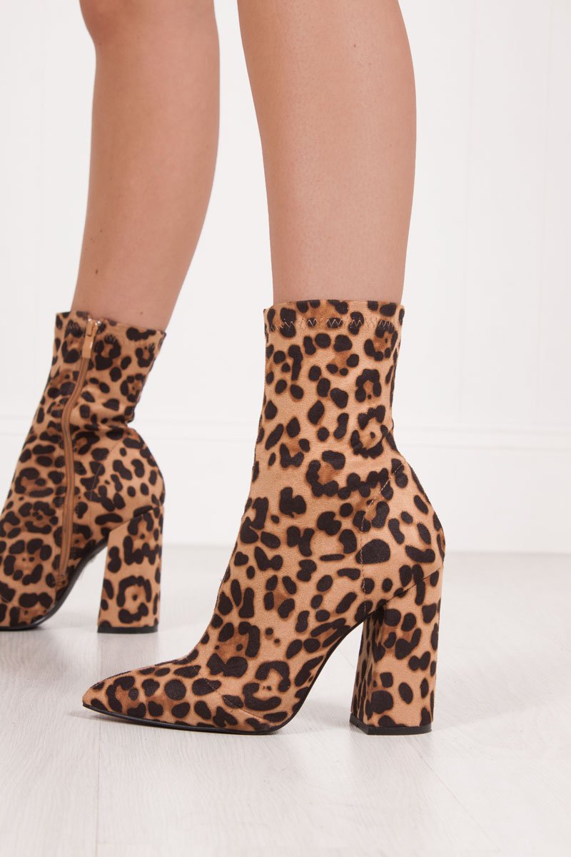 Mimi Leopard Print Fitted Block Heel Sock Boots In Faux Suede