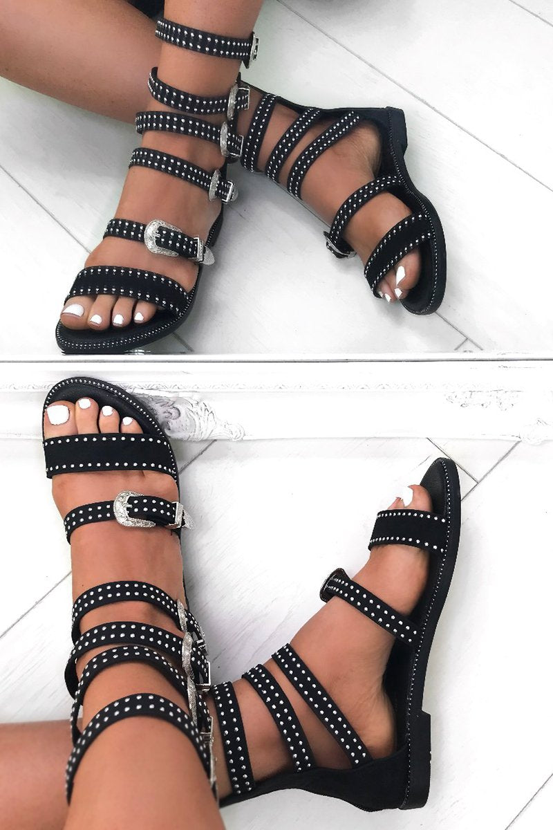 Mimosa Black Stud Gladiator Sandals With Silver Detail